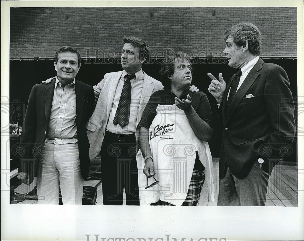 1983 Press Photo Jerry Herman, Songwriter, George Hern, Alan Carr, Gene Barry - Historic Images