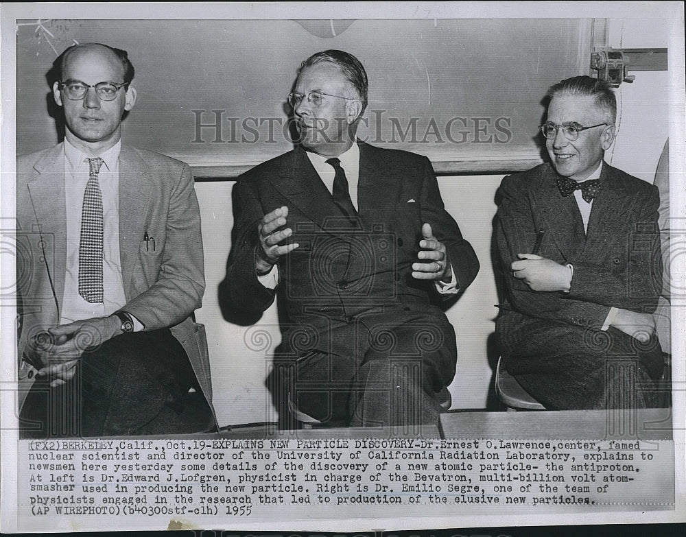 1955 Press Photo Dr Ernest Lawrence Discusses New Atomic Particle Discovery - Historic Images