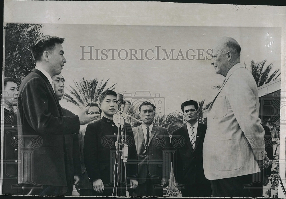 1961 Press Photo Former President Eisenhower Listens To Japanese Students - Historic Images