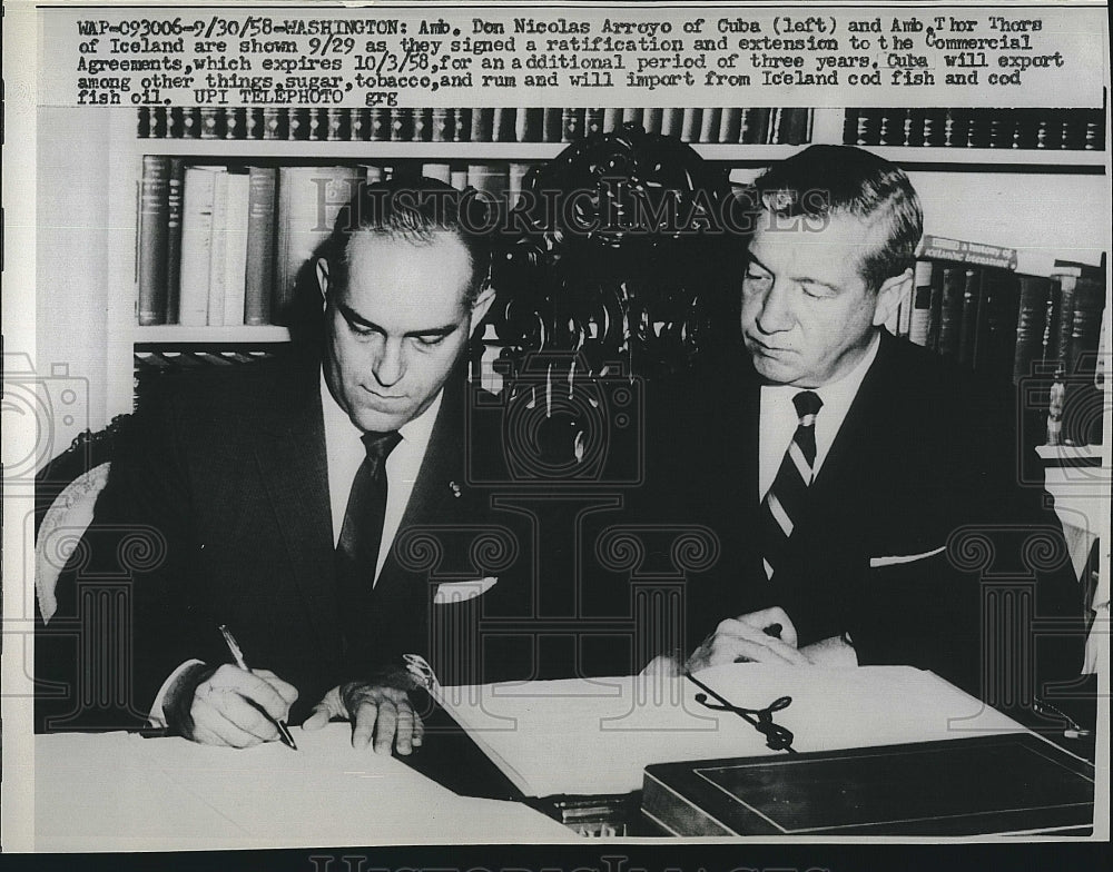 1958 Press Photo Amb Don N Arroyo of Cuba &amp; Amb  Thor Thors of Iceland - Historic Images