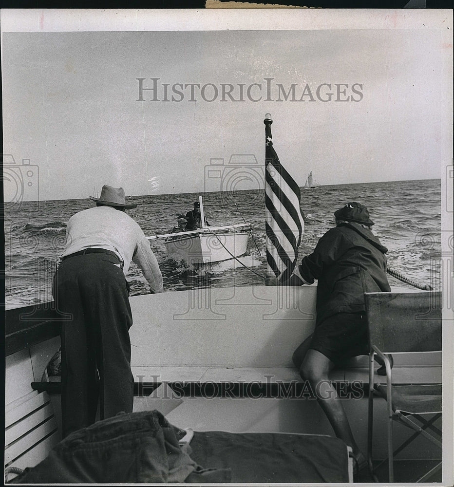 1957 Press Photo Walter Teimond&#39;s boat  towed by Charlie Poggi &amp; G   Garretson - Historic Images