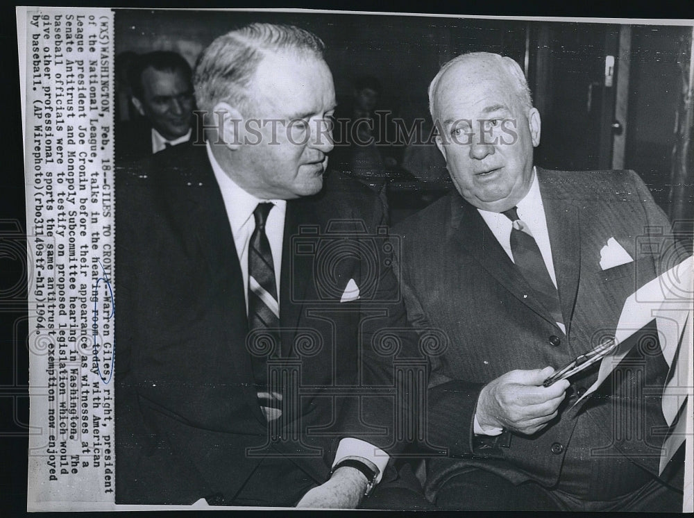 1964 Press Photo Baseball commishioner  Warren Giles &amp; Joe Cronin - Historic Images