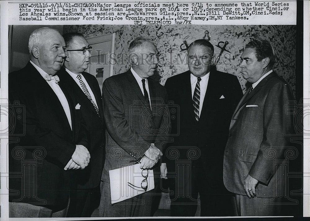 1961 Press Photo Baseball NL   Warren Giles,B DeWitt,F Frick,J Cronin,R Hamey - Historic Images