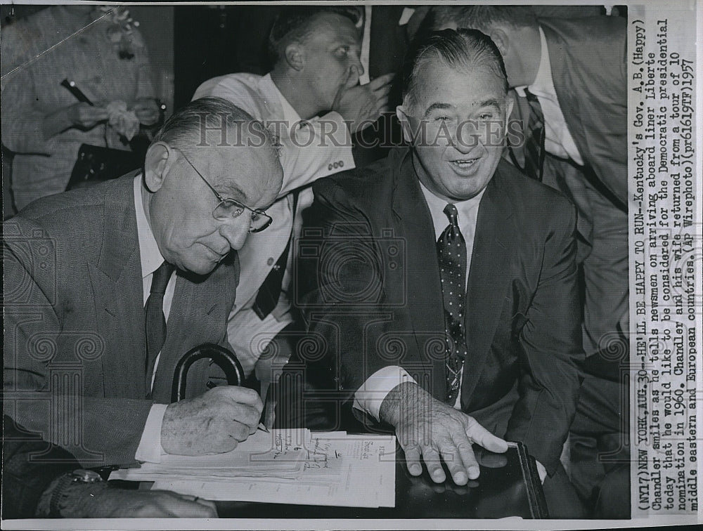 1957 Press Photo Ky Gov Ab Chandler &amp; newsmen - Historic Images