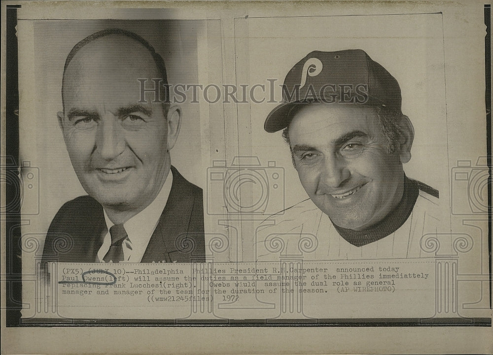 1972 Press Photo Philadelphia Phillies Pres. R. M. Carpenter &amp; Mgr. Paul Owens - Historic Images