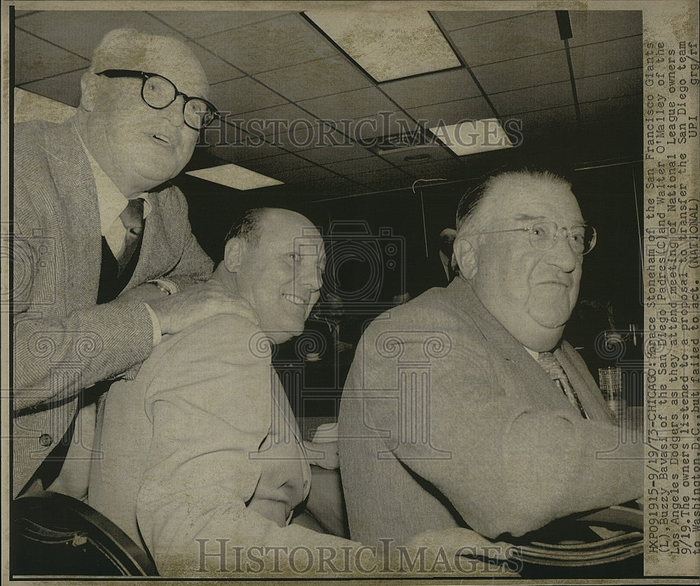 1973 Press Photo Horace Stoneham, Buzzy Bavasi & Walter O'Malley at meeting - Historic Images