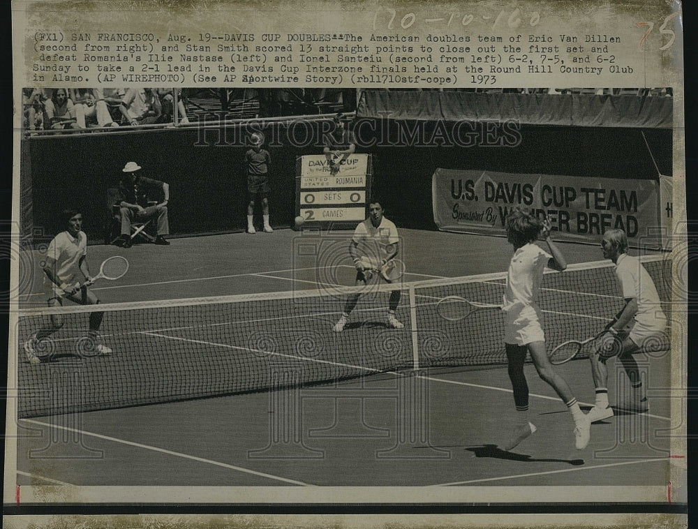 1973 Press Photo Davis Cup tennis, E Van Dillen,S Smith,I Nastase,I Santeiu - Historic Images