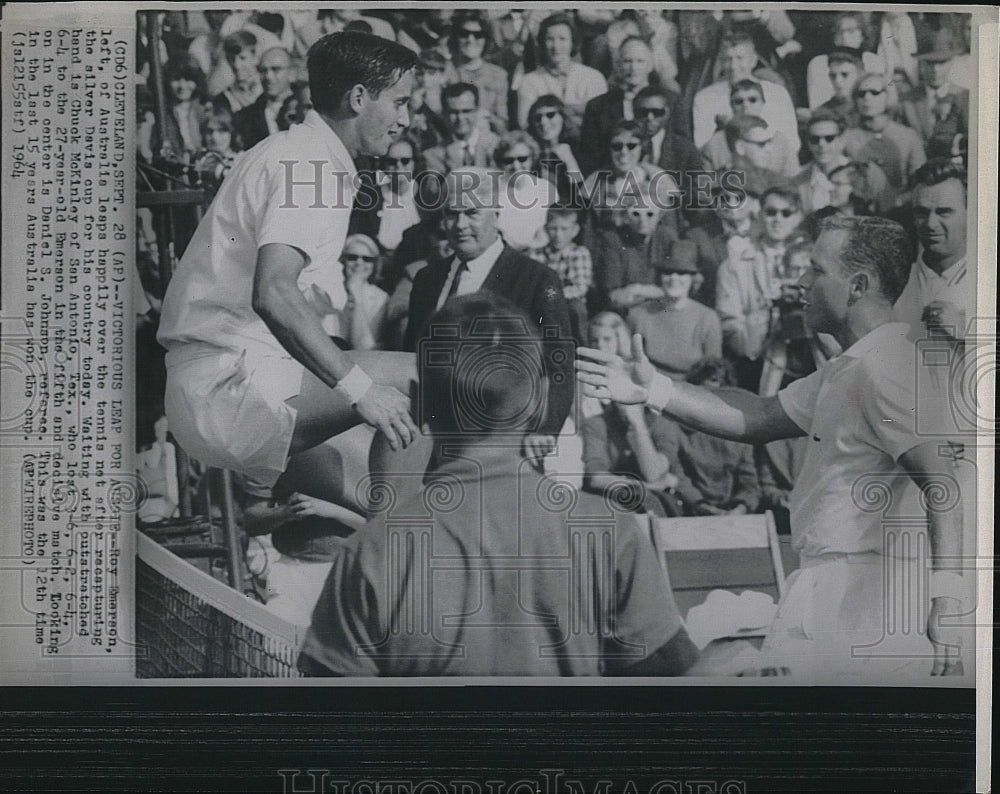 1964 Press Photo Tennis Player Roy Emerson &amp; Chuck McKinley During Tournament - Historic Images