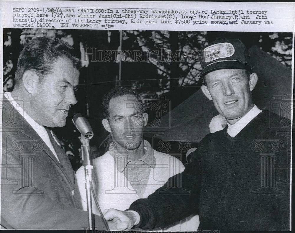 1964 Press Photo Juan Rodriguez, Don January, John Keane at Lucky Int&#39;l Tourn - Historic Images