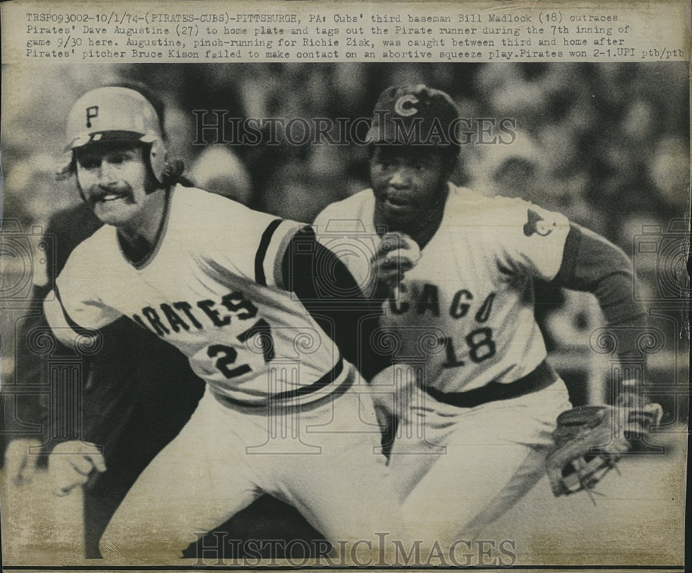 1974 Press Photo Cubs' Bill Madlock outraces Pirates' Dave Augustine to home - Historic Images