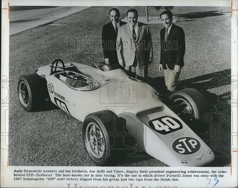 1973 Press Photo Andy, Joe, Vince Granatelli, STP Turbocar Dragster - Historic Images