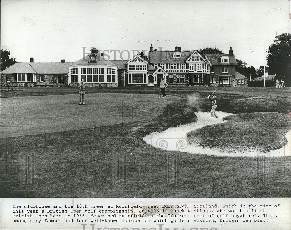1987 Press Photo Clubhouse, 18th Green at Muirfield Golf Course, Edinburgh - Historic Images
