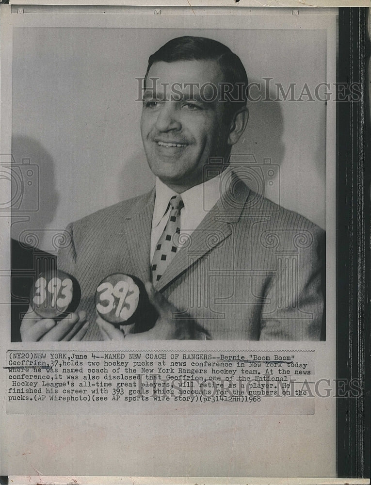 1968 Press Photo Bernie&quot;Boom-Boom&quot;Geoffrion coach of New York Rangers Hockey. - Historic Images