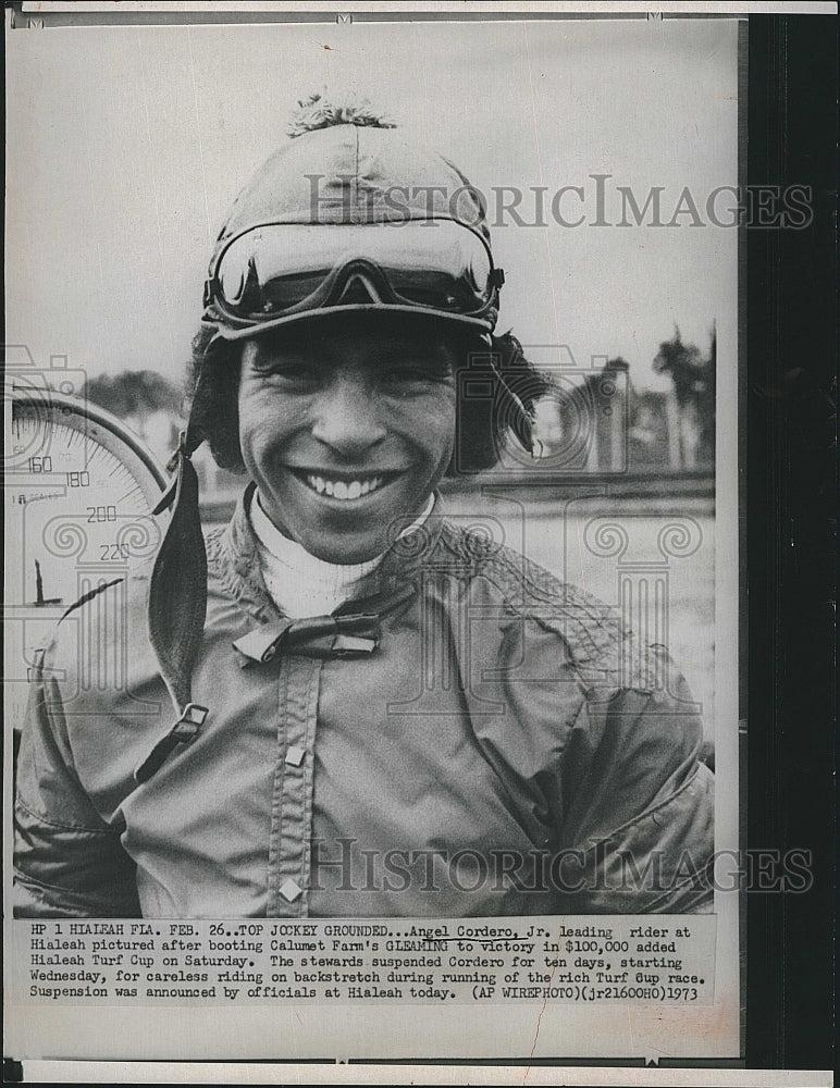 1973 Press Photo Angel Cordero Jr. leading rider at Hialeah Turf Cup - Historic Images