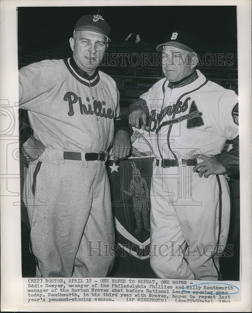 1949 Press Photo Eddie Sawyer, Phillies, Billy Southworth, Boston Braves - Historic Images