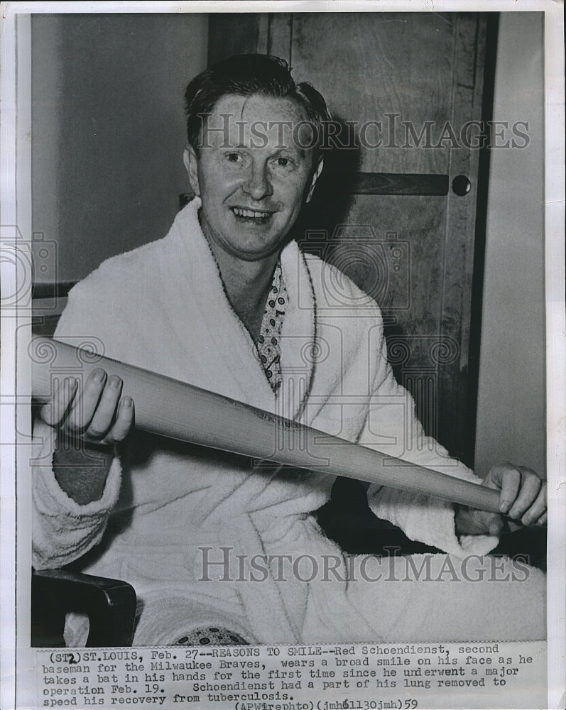 1959 Press Photo Milwaukee Braves Player Red Schoendienst Holding Bat - Historic Images