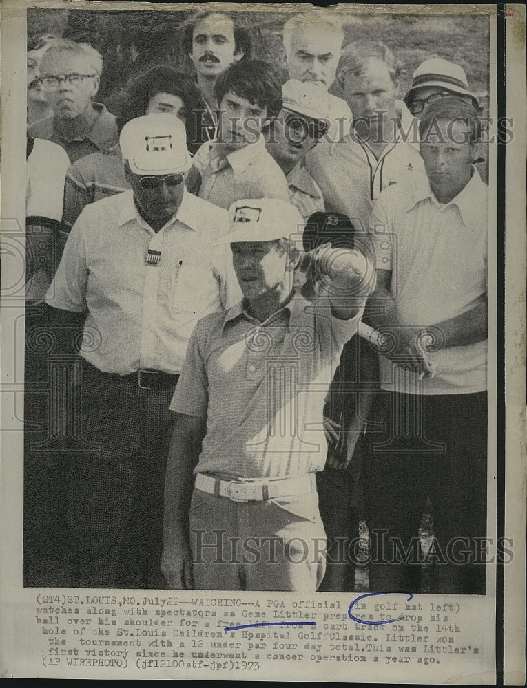 1973 Press Photo Gene Littler prepares to drop ball at St. Louis Golf Classic - Historic Images