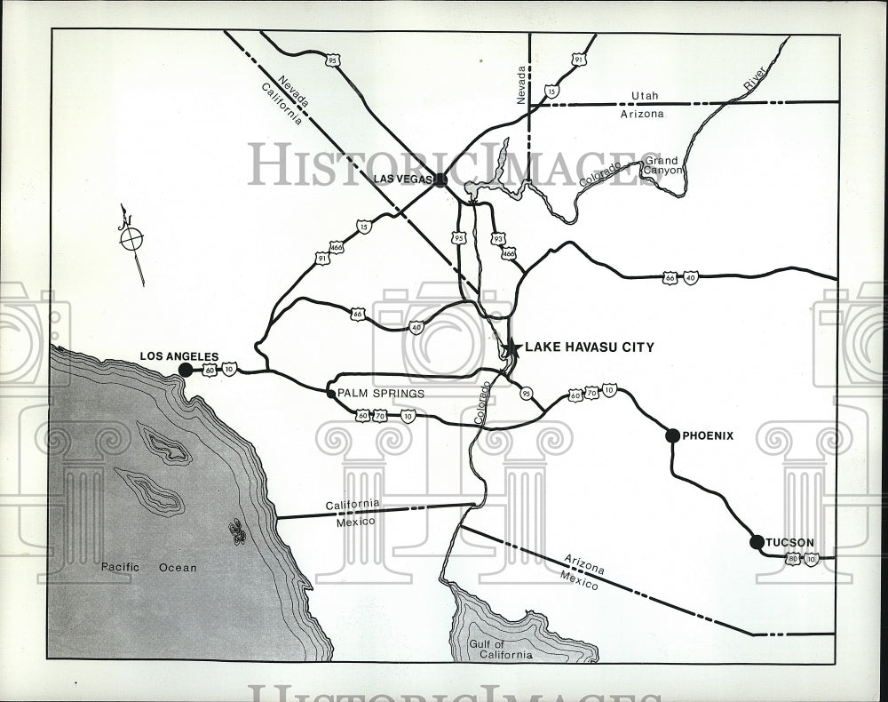 1968 Press Photo Map Of Lake Havasu City In Arizona And Surrounding Area - Historic Images