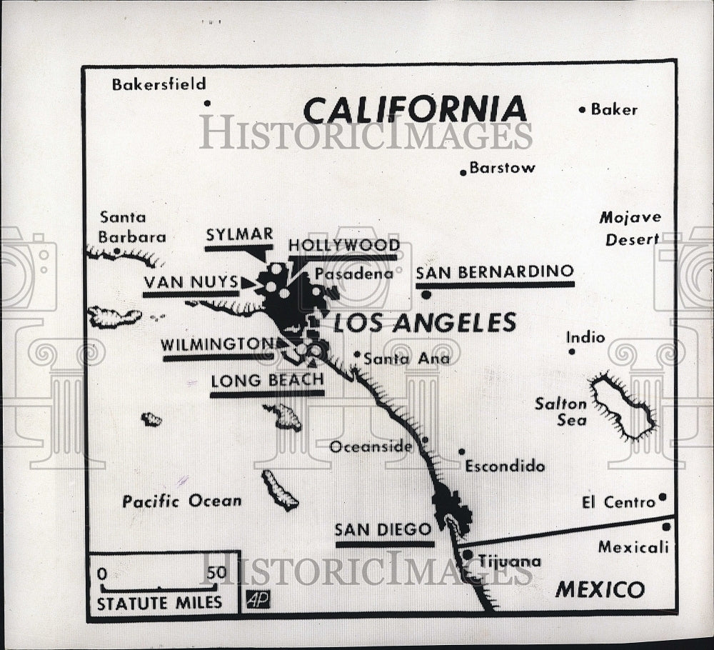 1965 Press Photo Map Of Los Angeles, California Showing Rioting Locations - Historic Images