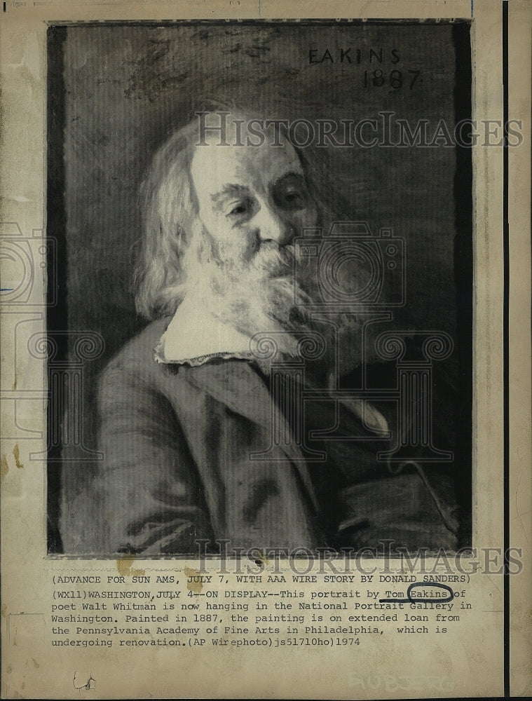 1974 Press Photo Walt Whitman Portrait Painting by Artist Thomas Eakins - Historic Images