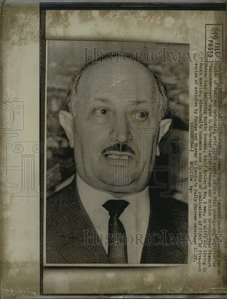 1972 Press Photo Simon Wiesenthal, Jewish Hunter of Nazi War Criminals. - Historic Images