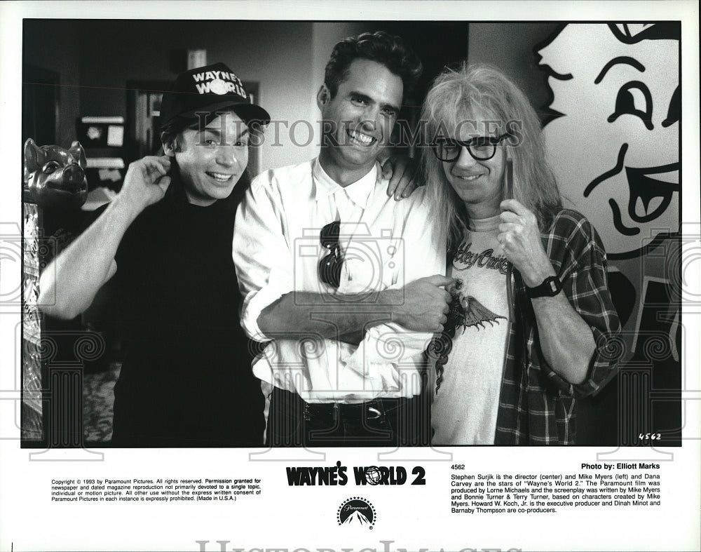 1993 Press Photo Stephen Surjik, Mike Myers, Dana Carvey &quot;Wayne&#39;s World 2&quot; - Historic Images