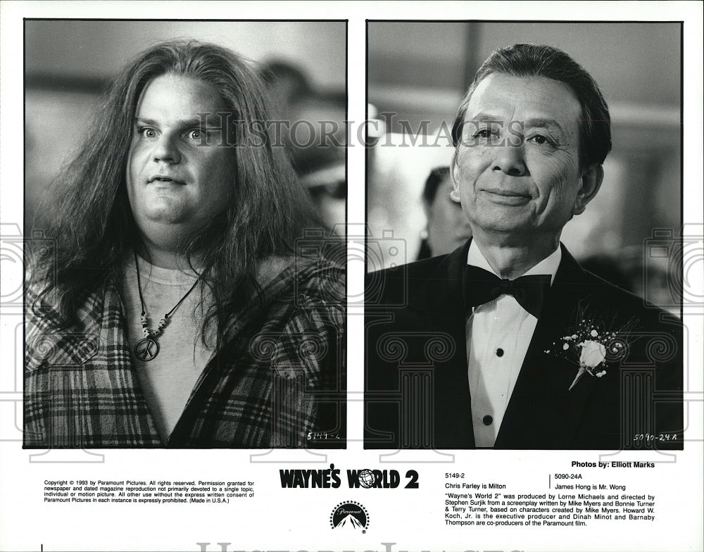 1993 Press Photo Chris Farley, James Hong, &quot;Wayne&#39;s World 2&quot; - Historic Images