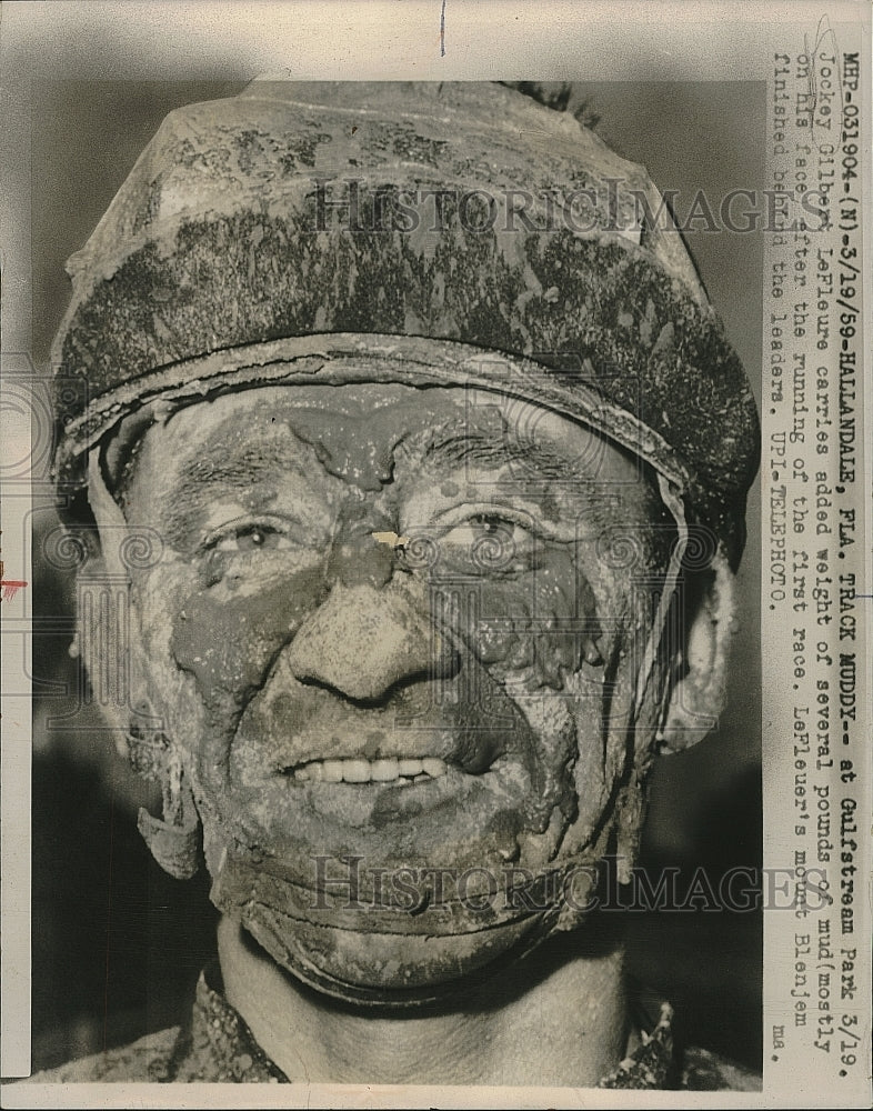 1959 Press Photo Jockey Gilbert LeFleure Covered with at Mud Gulfstream Park - Historic Images