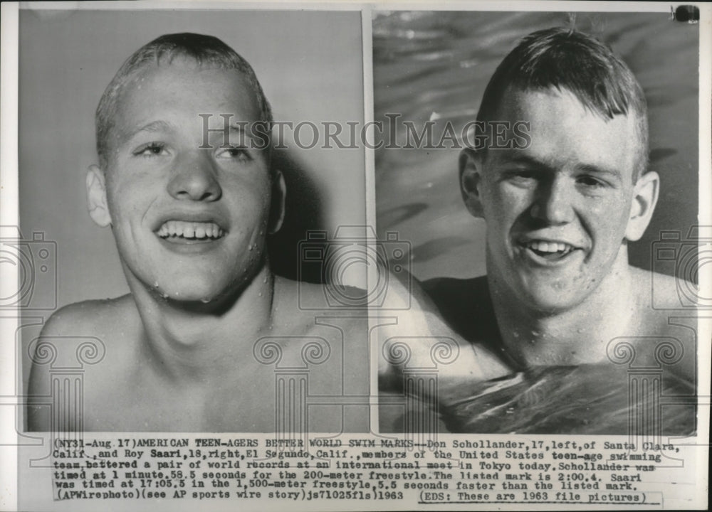 1963 Press Photo U.S. swimmers Don Schollander and Roy Saari - Historic Images