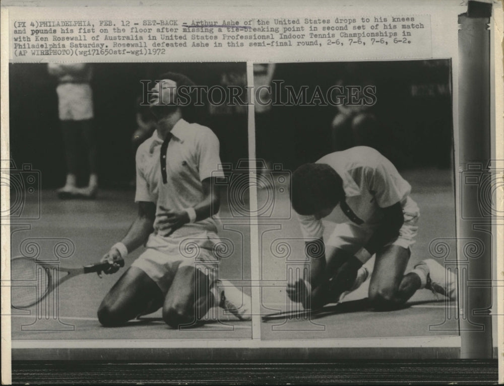 1972 Press Photo Arthur Ashe, Tennis Player Drops to Knees in Miss - Historic Images