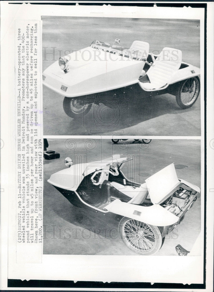 1974 Detroit MI Battery Power 3Wheeler Press Photo - Historic Images