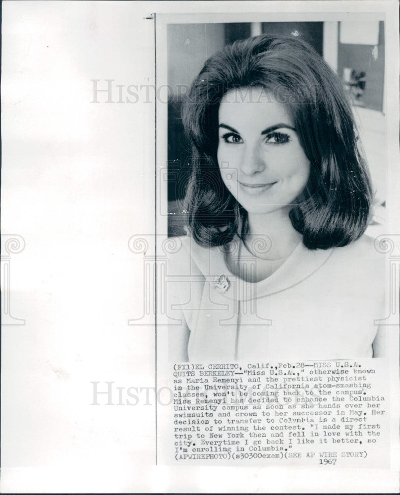 1967 Miss USA Maria Remenyi Press Photo - Historic Images