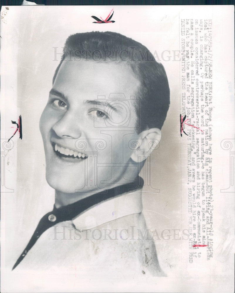 1958 Singer Actor Pat Boone Press Photo - Historic Images