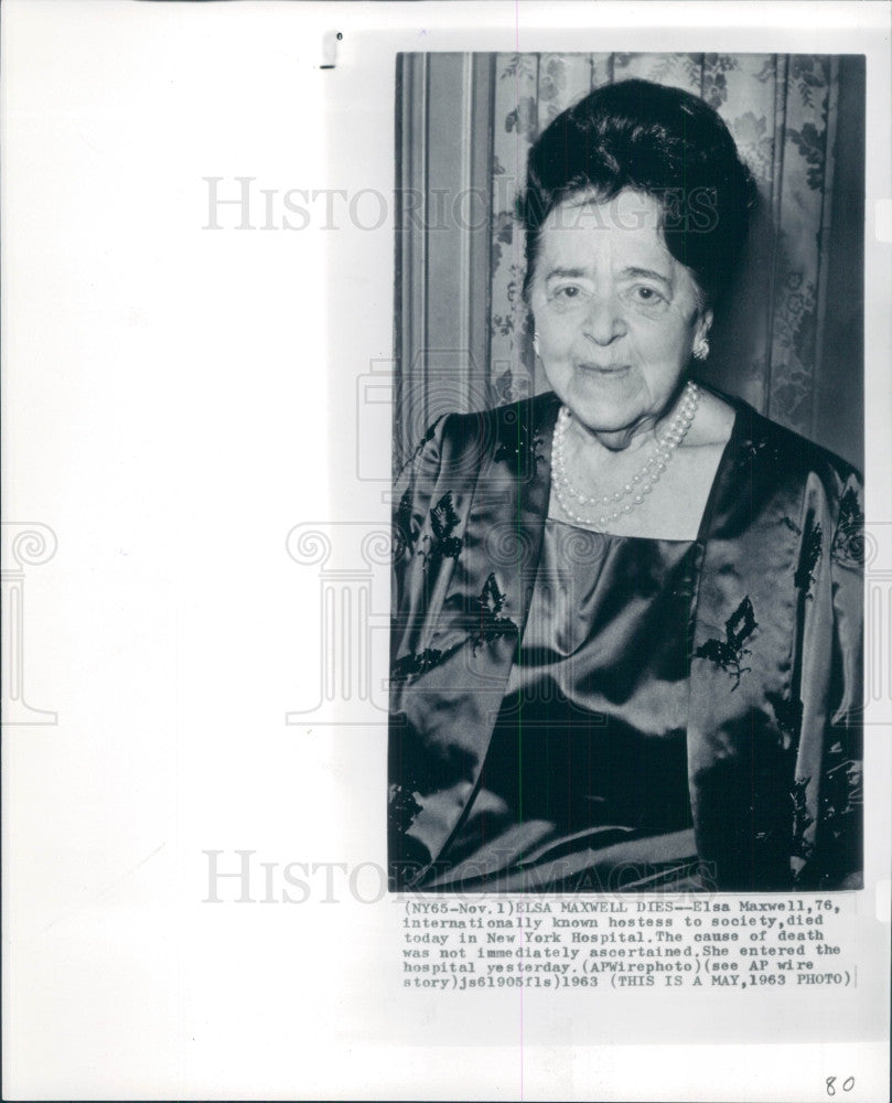 1963 Party Giver/Hostess Elsa Maxwell Press Photo - Historic Images