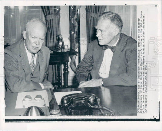 1959 US Pres Eisenhower & Christain Herter Press Photo - Historic Images