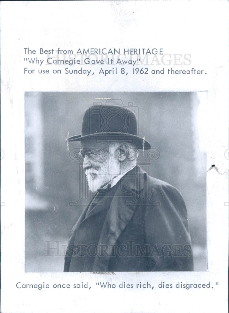 1962 Andrew Carnegie Press Photo - Historic Images