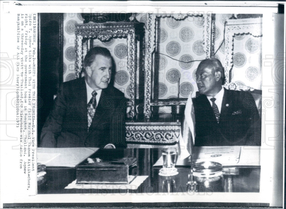 1973 US VP Agnew &amp; Thai PM Kittikachorn Press Photo - Historic Images