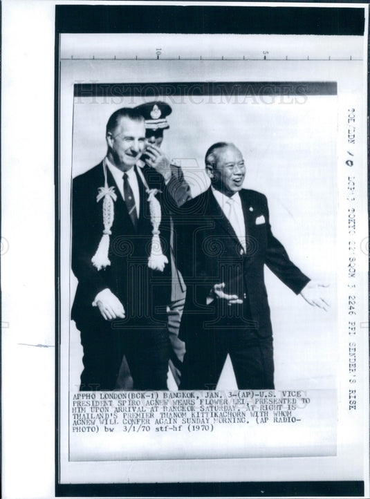 1970 US VP Agnew & Thai PM Kittikachorn Press Photo - Historic Images