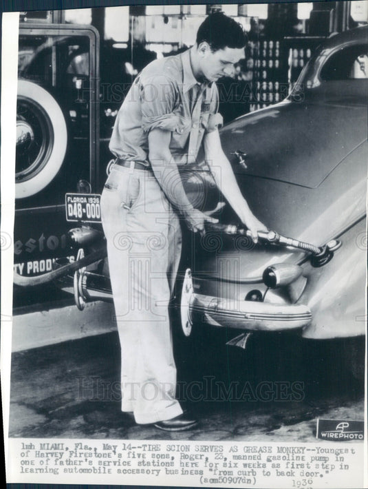 1936 Roger Firestone Grease Monkey Press Photo - Historic Images