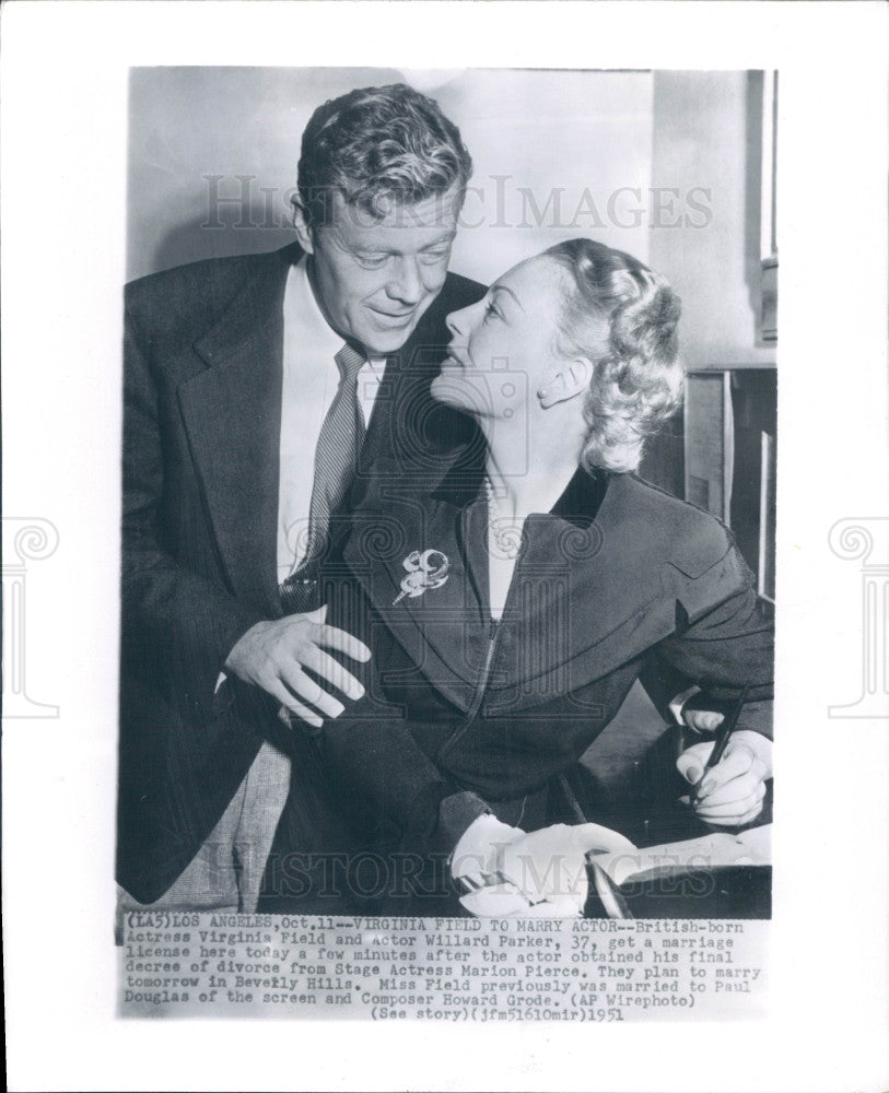 1951 Actors Virginia Field &amp; Willard Parker Press Photo - Historic Images