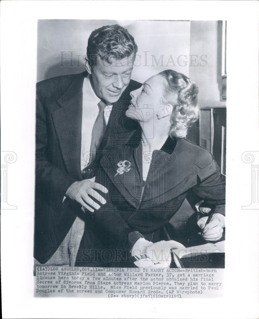 1951 Actors Virginia Field & Willard Parker Press Photo - Historic Images