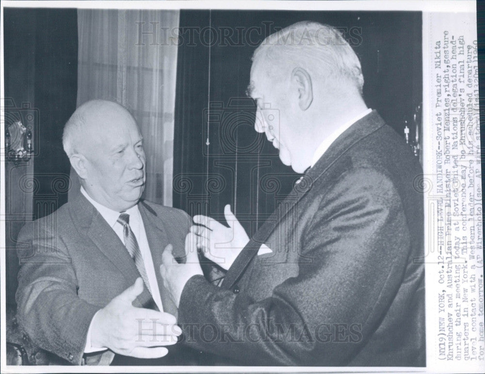 1960 Soviet Khrushchev &amp; Australia Menzies Press Photo - Historic Images