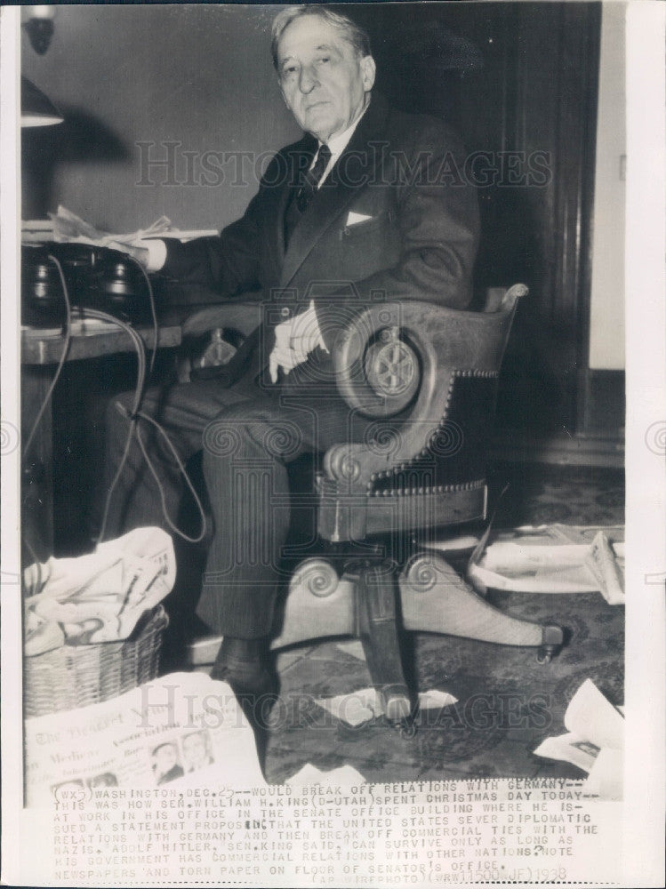 1938 Utah Senator William King Press Photo - Historic Images