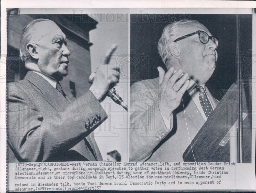 1957 German Chancellor Konrad Adenauer Press Photo - Historic Images