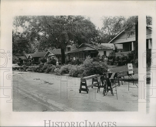 Neighborhood street blocked off after tornado damage, Alabama-Historic Images