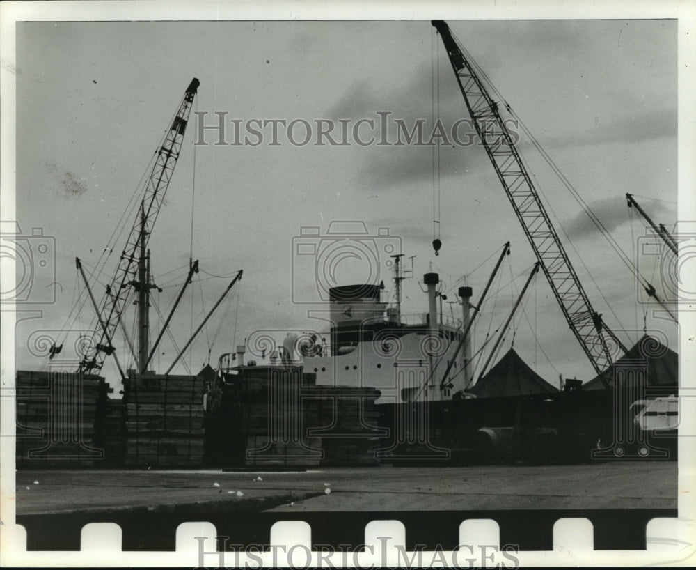 1980 Press Photo Cranes at work at the Mobile, Alabama, State Docks - abna03230 - Historic Images