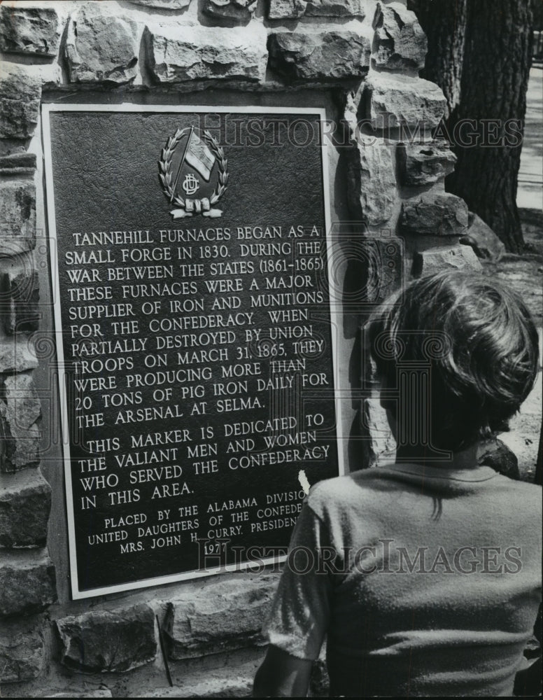 1978, Alabama-Tannehill State Park museum visitor reads entrance sign - Historic Images