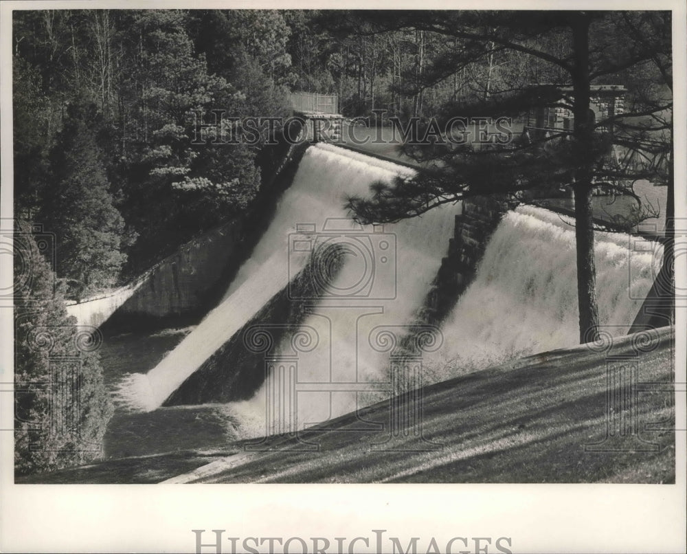 1990 Press Photo Alabama-Birmingham&#39;s Lake Purdy Dam flowing with water. - Historic Images