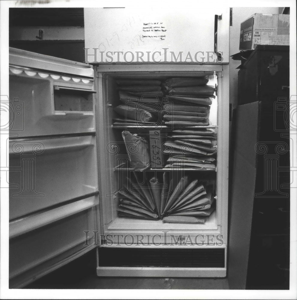 1992 Press Photo Alabama-Rape Kits in Birmingham Police property room fridge. - Historic Images