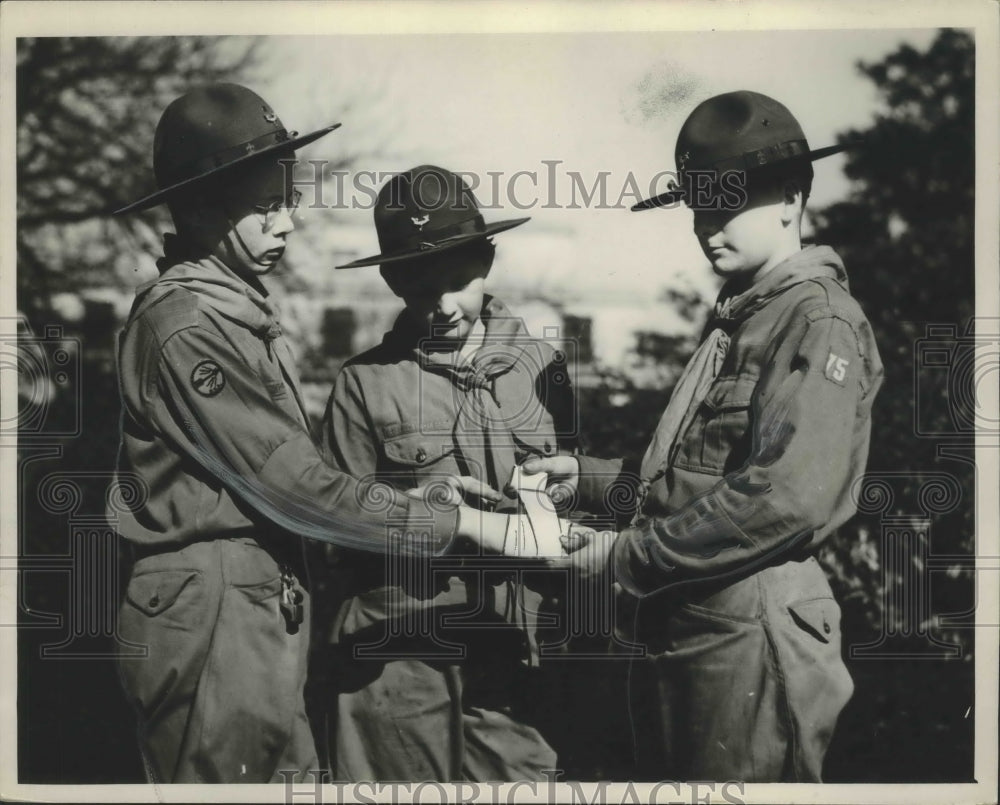 Press Photo Alabama-Three boy scouts practice first aid techniques. - abna06805 - Historic Images